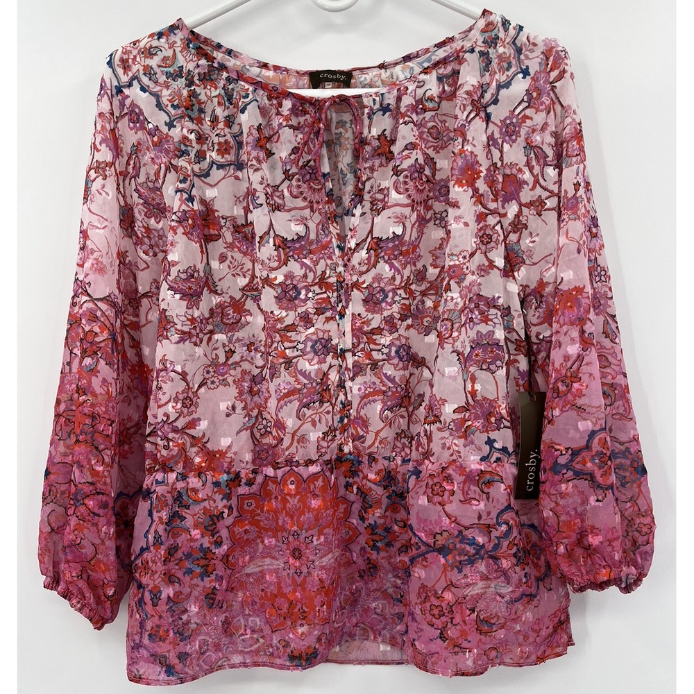NWT Crosby Textured Semi Sheer Popover Peplum Ombré Mandala Top Blouse Size XS